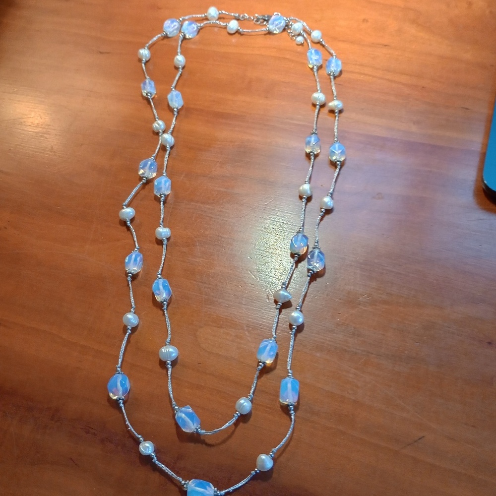 Long Luxurious pearl and iridescent stones necklace 48" plus 1 1/2 " extender